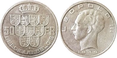 монета Бельгия 50 франков 1939