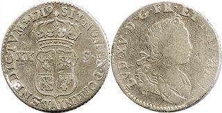 монета Франция 20 су 1719