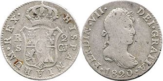 монета Испания 2 реала 1820