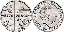 монета Великобритания 5 пенсов 2016