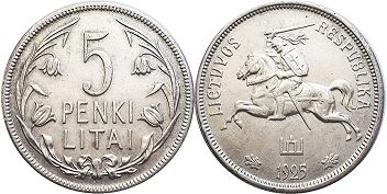 монета Литва 5 лит 1925