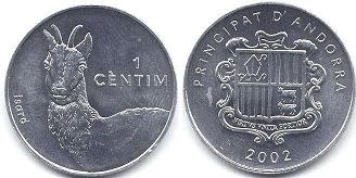 монета Андорра 1 сантим 2002