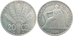 монета Уругвай 20 сентесимо 1930