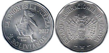 монета Боливия 2 боливиано 2017 Rios
