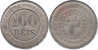 монета Бразилия 100 рейс 1893