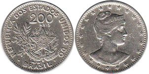 монета Бразилия 200 рейс 1901