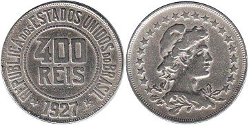 монета Бразилия 400 рейс 1927