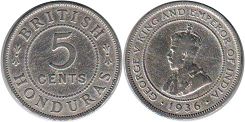 монета Британский Гондурас 5 центов 1936