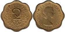 монета Цейлон 2 цента 1957