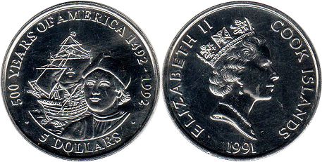 монета Кука Острова 5 долларов 1991
