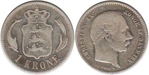 монета Дания 1 крона 1875