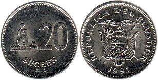 монета Эквадор 20 сукре 1991