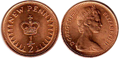 монета Великобритания 1/2 новых пенни 1975