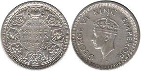 монета Британская Индия 1/2 рупии 1943