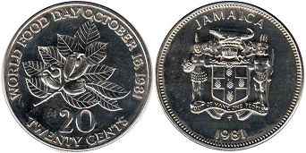 монета Ямайка 20 центов 1981