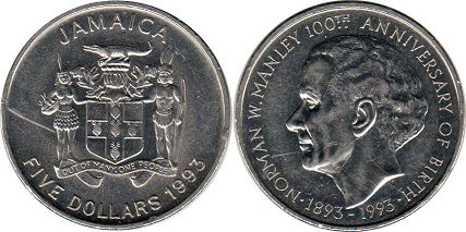 монета Ямайка 5 долларов 1993