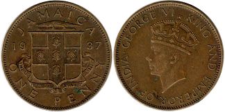 монета Ямайка 1 пенни 1937