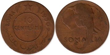 монета Сомали 10 сентесими 1950