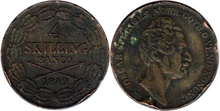 монета Швеция 4 скиллинга 1849