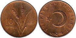 монета Турция 10 курушей 1968