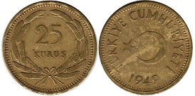 монета Турция 25 курушей 1949