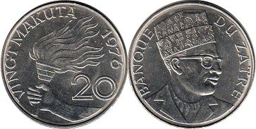 монета Заир 20 макута 1976