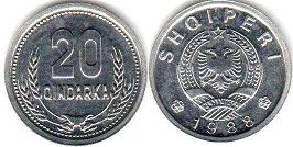 монета Албания 20 киндарок 1988