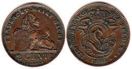 монета Бельгия 2 сантима 1909