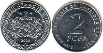 монета Центральноафриканские Государства 2 франка КФА 2006