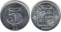 монета Чехословакия 5 геллеров 1991