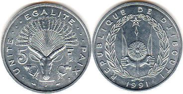 монета Джибути 5 франков 1991