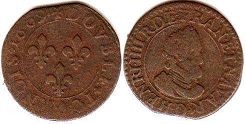 монета Франция двойной денье 1608