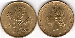 монета Италия 20 лир 1991