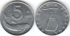 монета Италия 5 лир 1988