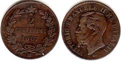 монета Италия 2 чентизими 1867