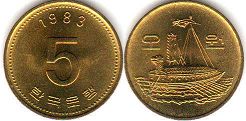 монета Южная Корея 5 вон 1983