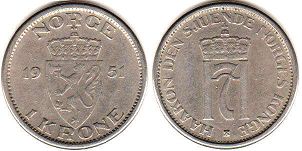 монета Норвегия 1 крона 1951