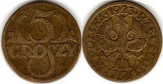 монета Польша 5 грошей 1923