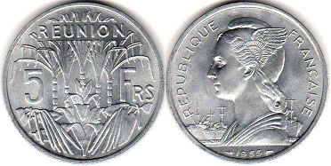 монета Реюньон 5 франков 1955