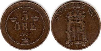 монета Швеция 5 эре 1907