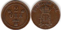 монета Швеция 2 эре 1907