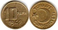 монета Турция 10 пар 1942