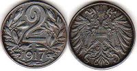 монета Австрийская Империя 2 геллера 1917