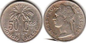 монета Бельгийское Конго 50 сантимов 1929
