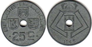монета Бельгия 25 сантимов 1946