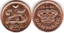 монета Дания 25 эре 1991