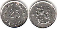 монета Финляндия 25 1 пенни 1921