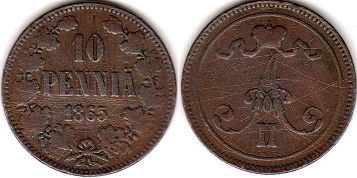 монета Финляндия 10 пенни 1865