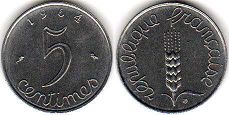монета Франция 5 сантимов 1964