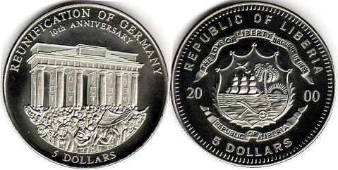 монета Либерия 5 долларов 2000